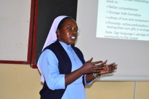Sr. Milly Rose Piloya, National Religious Education Coordinator under the Uganda Catholic Education Department addresing head teachers from various schools on Wednesday within Kabale diocese.